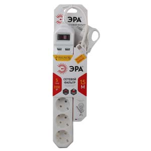 USF-5es-1.5m-USB-W Сетевой фильтр ЭРА (белый) с заземл, 3x0,75мм2, с выкл, 5гн+2USB, 1.5м - купить в Новосибирске
