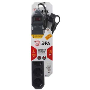 USF-5es-1.5m-USB-B Сетевой фильтр ЭРА (черный) с заземл, 3x0,75мм2, с выкл, 5гн+2USB, 1.5м - купить в Новосибирске